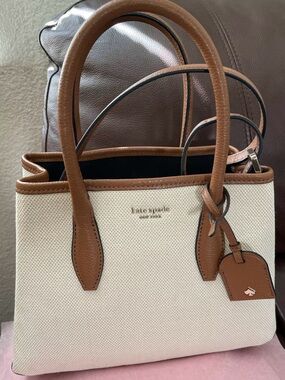 kate spade Eva crossbody hand bag Cream Canvas Tote with Brown Leather Trim